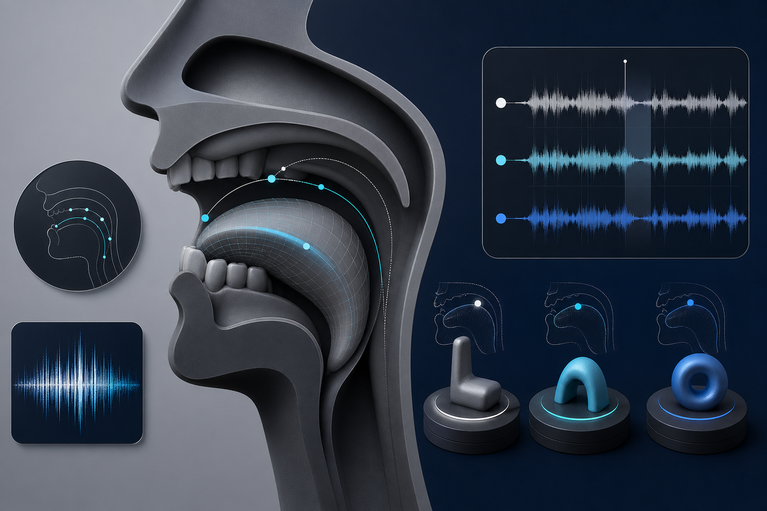 発音矯正の舌位置と音声波形を示す立体図