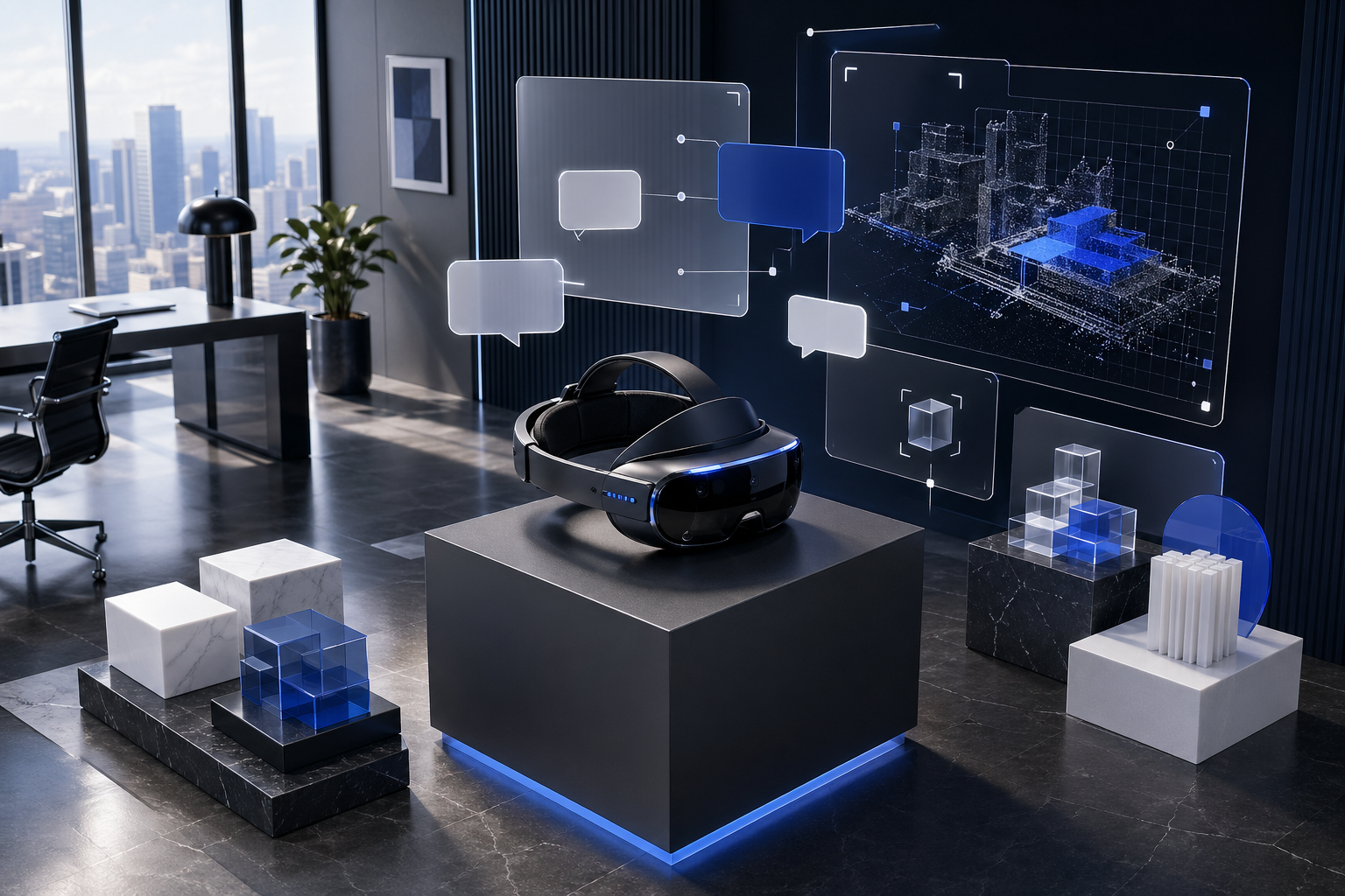 空間に浮かぶAIアシスタントと3D業務情報