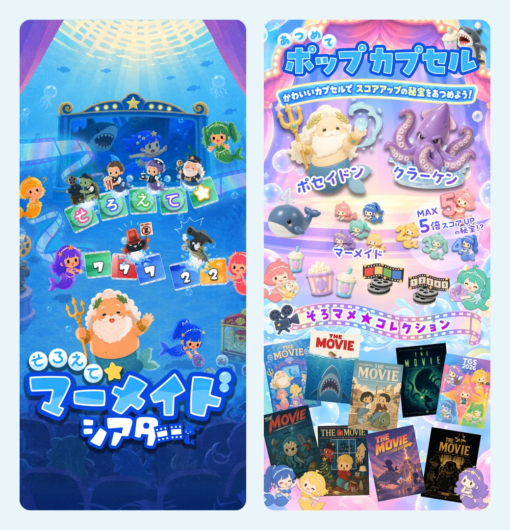 そろえて☆マーメイドシアターのキービジュアルと、ガチャ「ポップカプセル」の画面