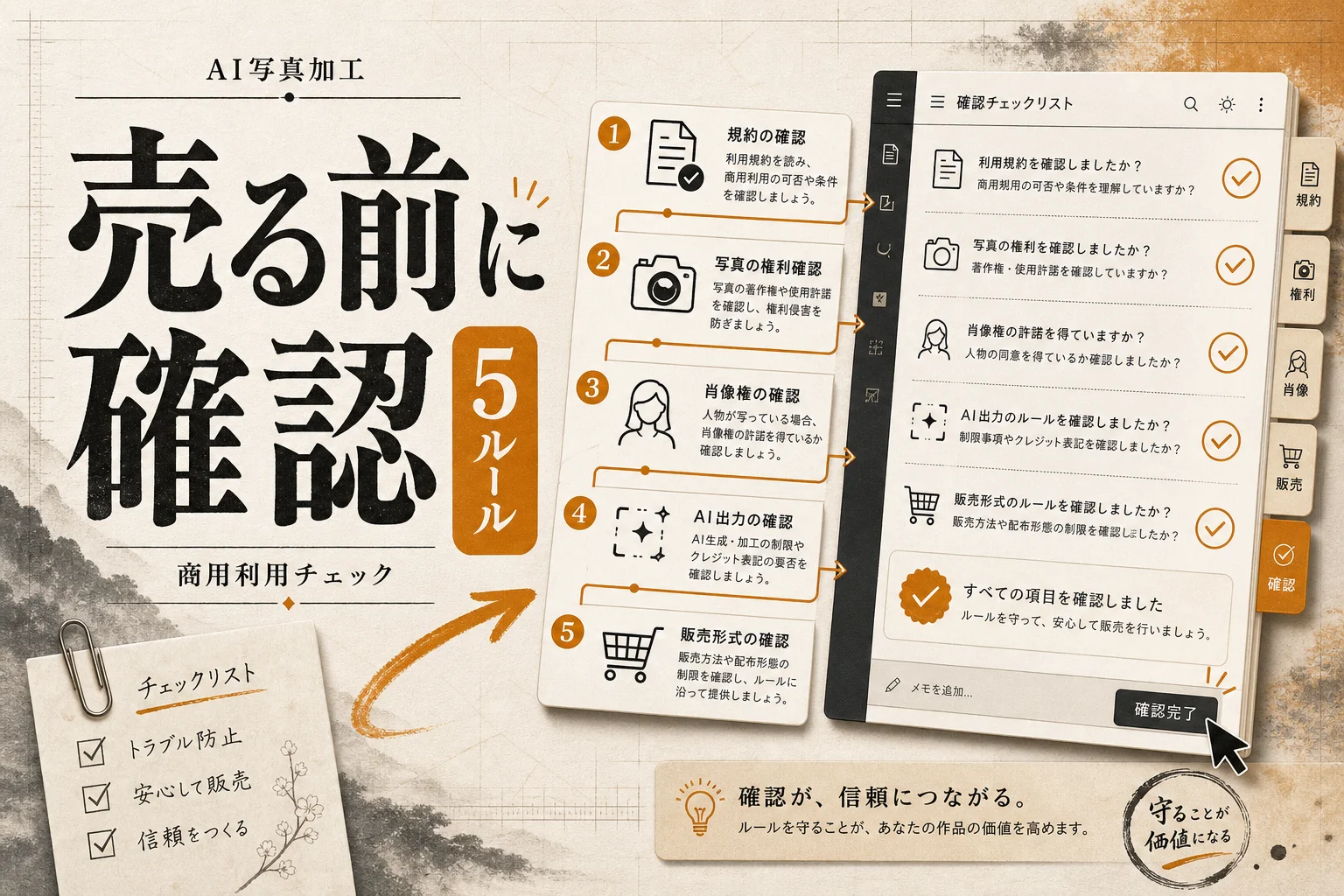 AI写真加工の商用利用と権利 — 販売前に確認する5つのルール