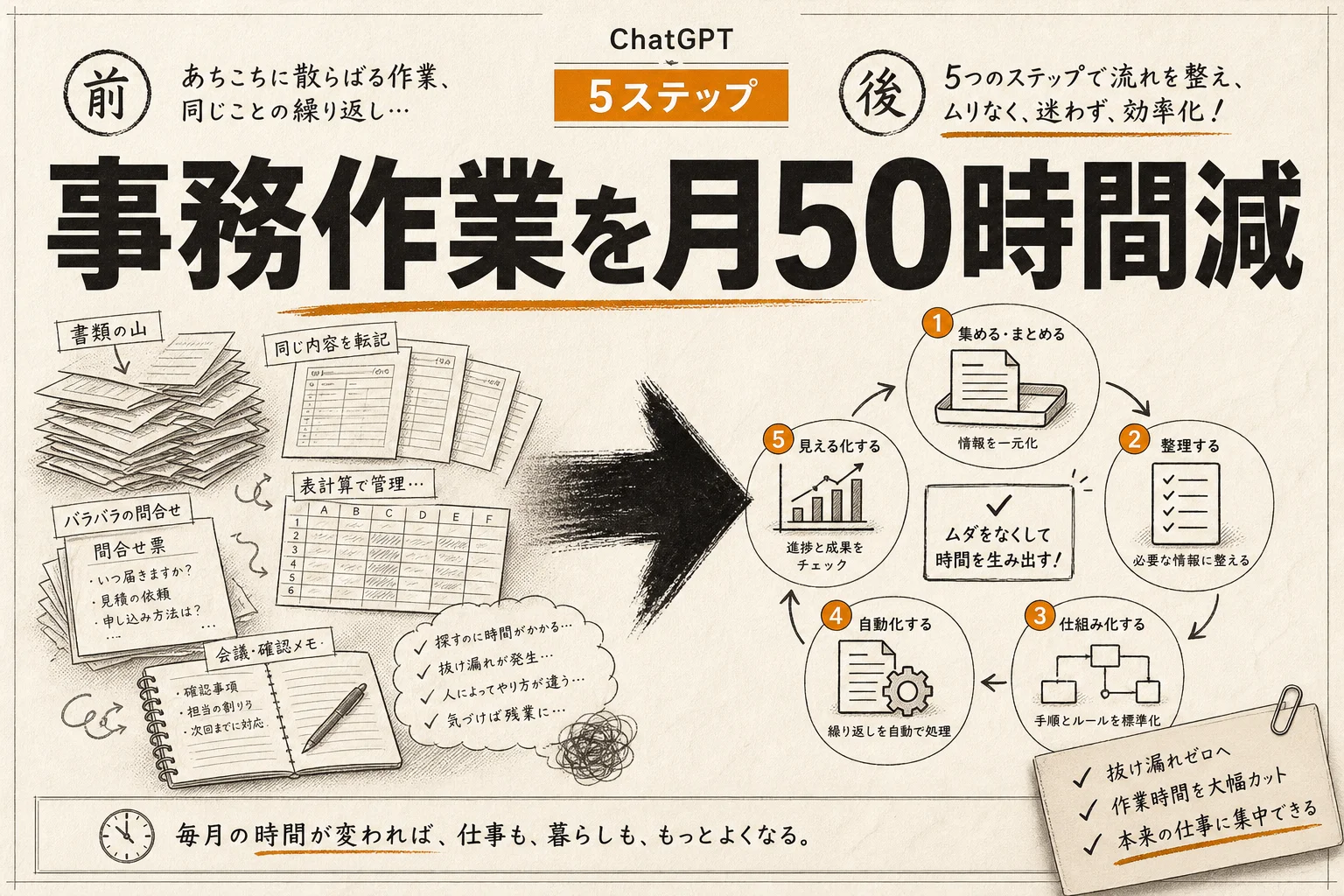 ChatGPTで事務作業を月50時間減らす手順と時短の型（2026年版）