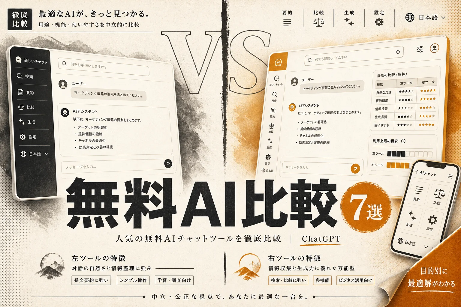 無料AIチャットおすすめ7選｜料金0円でどこまで使えるか比較（2026年版）