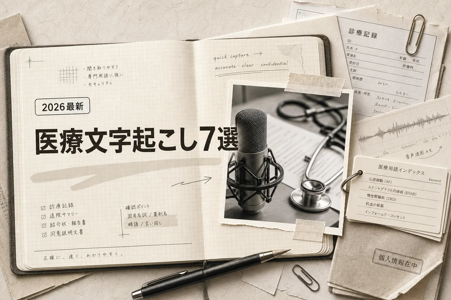 医療の文字起こしAIツール比較7選、精度・電子カルテ連携・料金で選ぶ (2026年版)