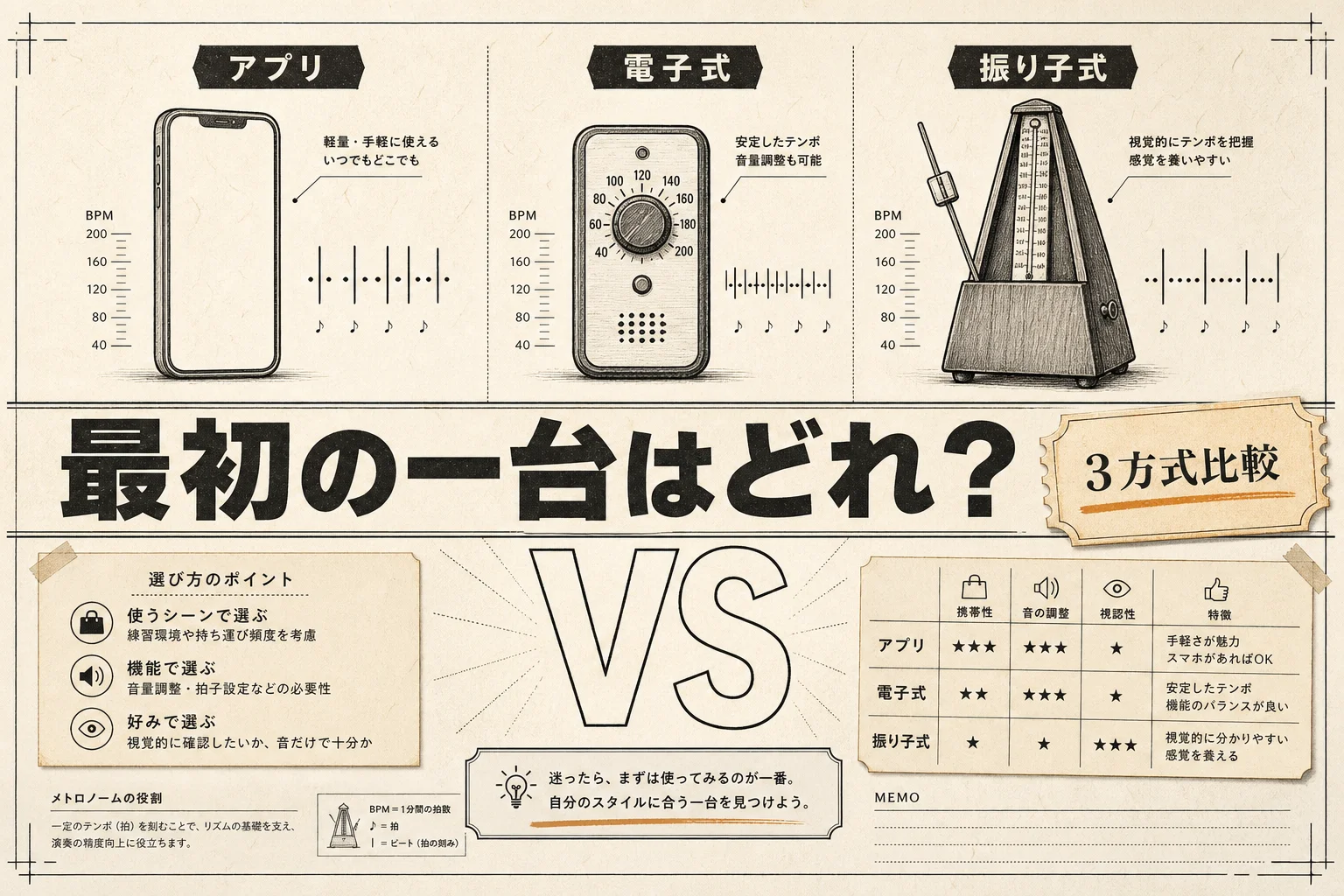メトロノームの選び方とBPMの決め方｜アプリ・電子式・振り子式を比較(2026年版)