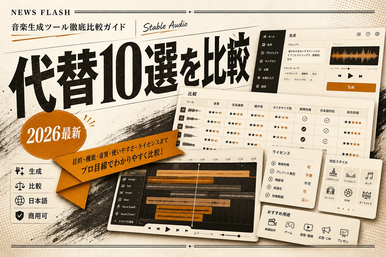 Stable Audio 代替10選｜無料・日本語・商用利用で選ぶ (2026年版)