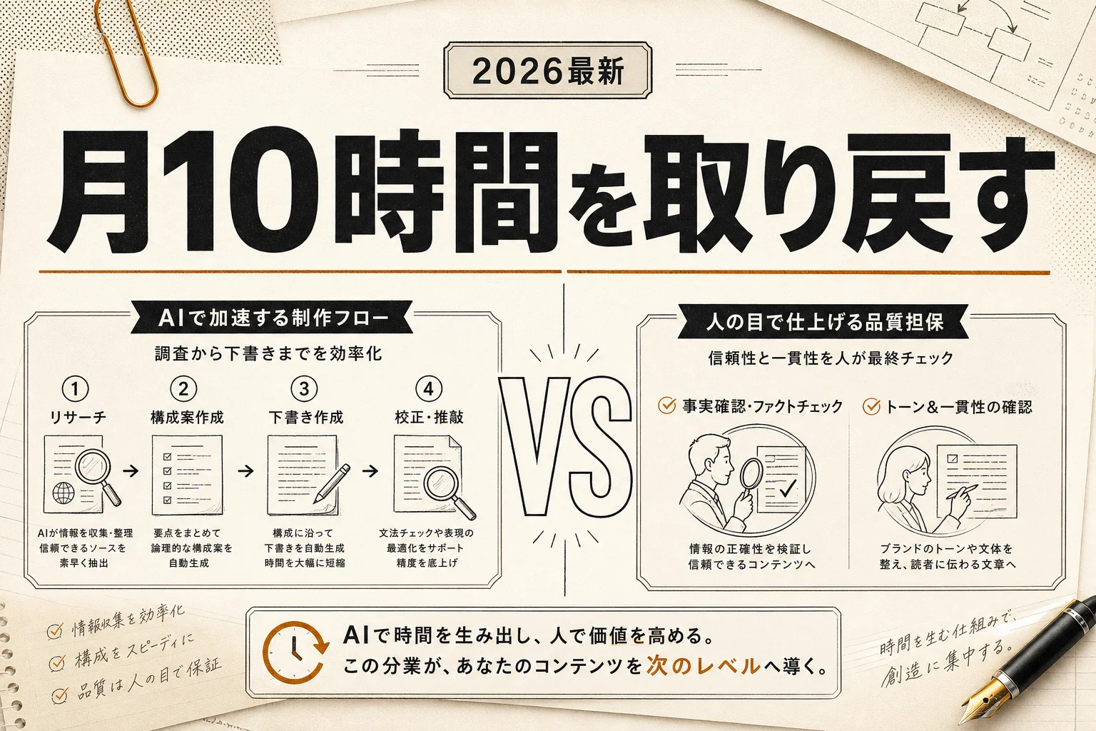 月10時間を取り戻すライターのAI業務効率化｜実装手順と落とし穴 (2026年版)