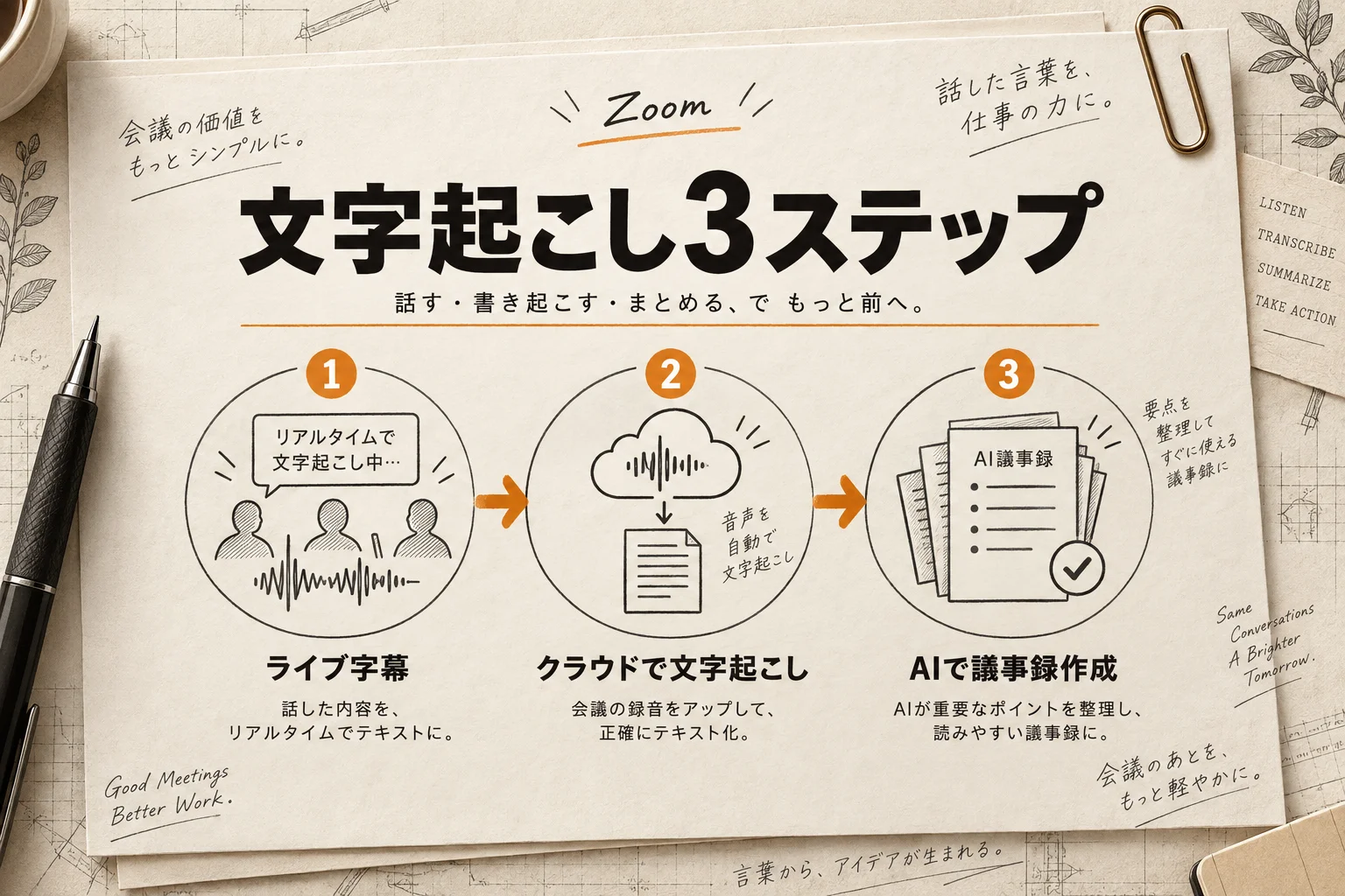 Zoom文字起こしの3つの方法｜無料設定・保存先・議事録化まで (2026年版)