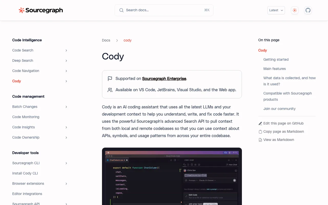 Cody by Sourcegraphの公式サイトプレビュー