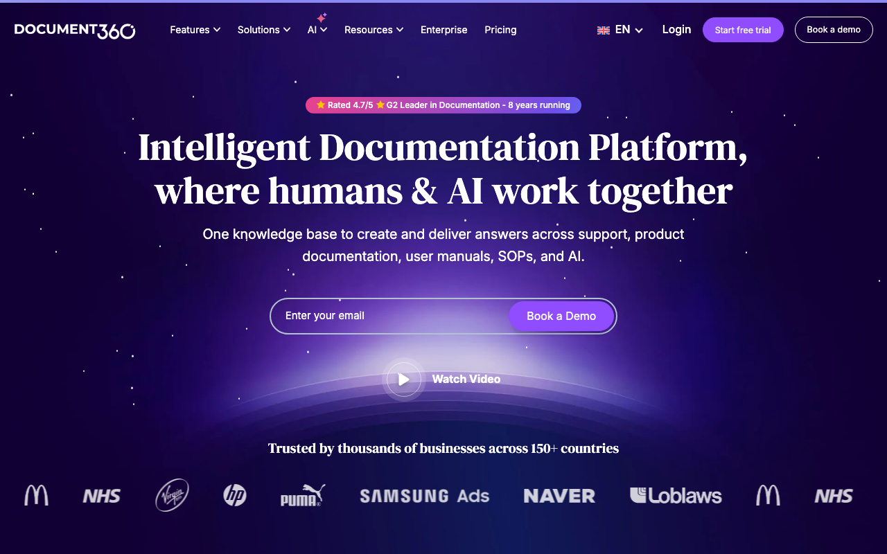 Document360の公式トップページ