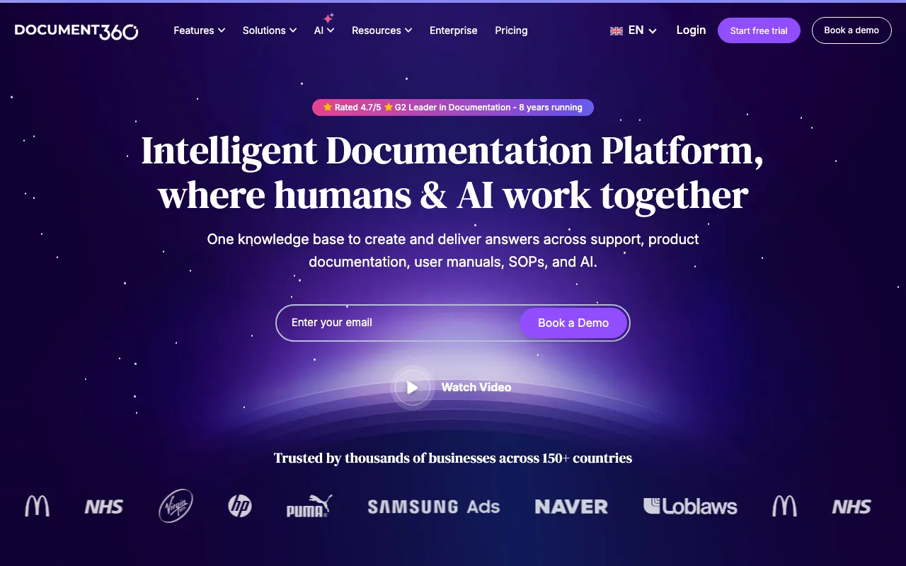 Document360の公式サイトプレビュー