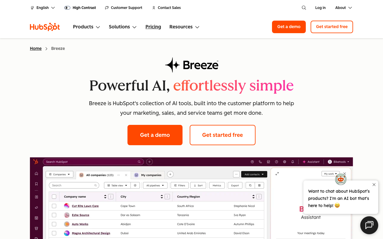 Breeze (HubSpot)の公式トップページ