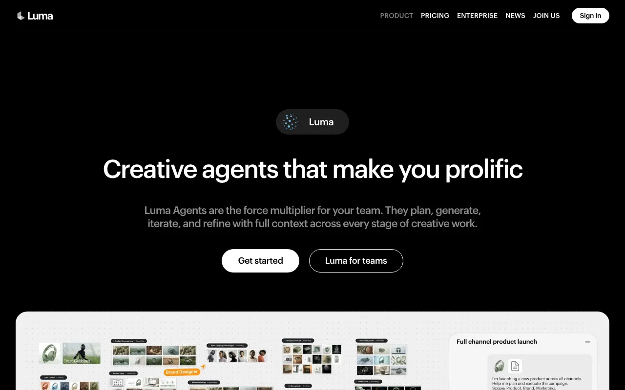 Luma Dream Machineの公式サイトプレビュー