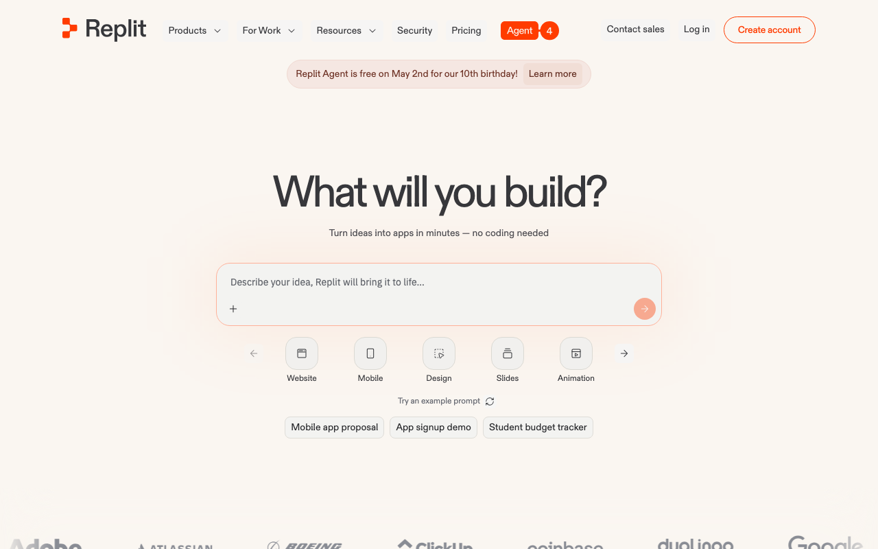 Replit Agentの公式トップページ