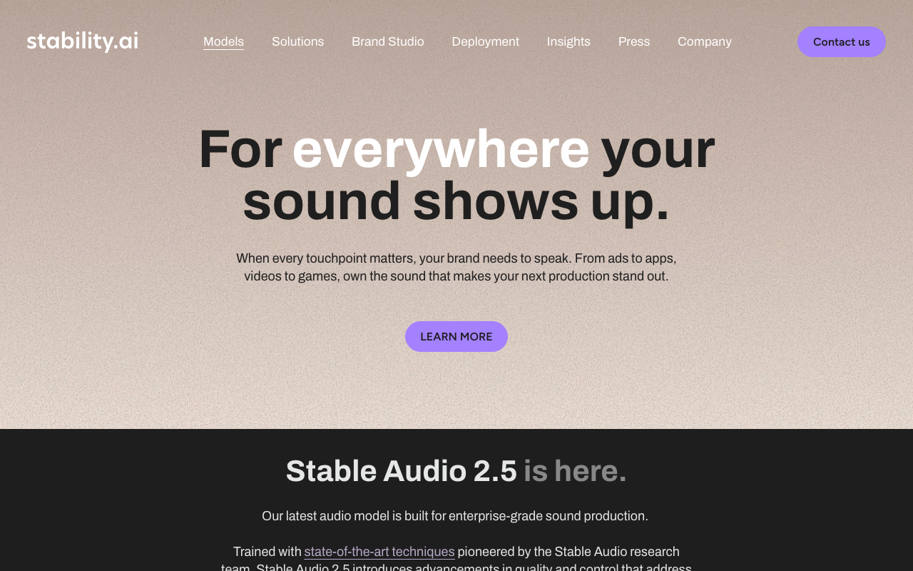 Stability AI Audioの公式トップページ