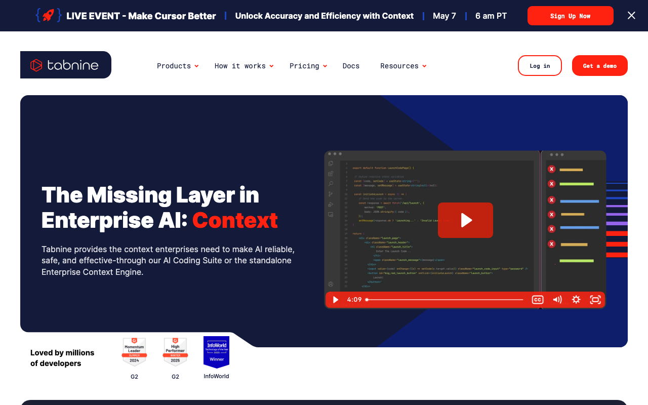 Tabnineの公式トップページ